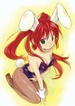  1girl animal_ears bare_shoulders bunny_tail bunnysuit character_request copyright_request green_eyes komatsu_eiji long_hair no_shoes rabbit_ears redhead seiza sitting solo tail 