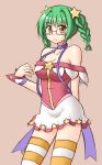  1girl arm_behind_back asahina_eriko bare_shoulders blush braid breasts glasses green_hair large_breasts looking_at_viewer pani_poni_dash! simple_background skirt solo star striped striped_legwear thigh-highs utomo 