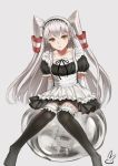 1girl alternate_costume amatsukaze_(kantai_collection) brown_eyes elbow_gloves enmaided garters gloves kantai_collection kirigaku_luo long_hair looking_at_viewer maid maid_headdress open_mouth rensouhou-kun silver_hair sitting solo thigh-highs two_side_up zettai_ryouiki 