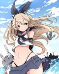  1girl anchor_hair_ornament arms_behind_back black_panties blonde_hair blue_eyes character_name hairband highleg highleg_panties kantai_collection long_hair microskirt midriff navel panties rensouhou-chan school_uniform serafuku shimakaze_(kantai_collection) ship sketch skirt solo twitter_username umiko_(munemiu) underwear water 