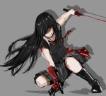  1girl akame akame_ga_kill! belt black_gloves black_hair blood blood_on_face boots fitz_(fita_is_the_smartest) gloves hair_over_one_eye injury katana long_hair loose_necktie necktie one_knee red_eyes single_glove skirt small_breasts solo sword vambraces weapon 