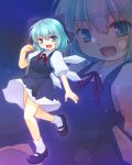  1girl :d blue_dress blue_eyes blue_hair bow cirno dress hair_bow ice ice_wings large_bow mary_janes open_mouth shoes short_hair smile solo standing_on_one_leg touhou wings yayoi_(pipi) zoom_layer 