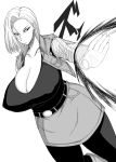  1girl android_18 boots breasts cleavage dragon_ball dragon_ball_z earrings energy_beam greyscale highres huge_breasts jewelry knee_boots monochrome otogi_tetsurou pantyhose short_hair skirt solo tsurime vest 
