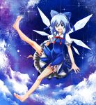  1girl aqua_hair blue_eyes blue_hair bow bowtie cirno clouds crystal hair_bow nayutaro open_mouth short_hair skirt smile snowflakes solo touhou wings 