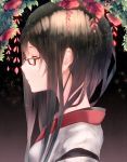  1girl black-framed_glasses brown_hair closed_eyes flower glasses hadean92 japanese_clothes light_particles long_hair original profile solo 