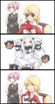  1boy 2girls 3koma akaneyu_akiiro arms_behind_back blonde_hair blue_eyes comic gloves gundam horns interlocked_fingers kantai_collection long_hair mittens multiple_girls northern_ocean_hime open_mouth pale_skin quattro_bajeena red_eyes removing_glasses shinkaisei-kan shiranui_(kantai_collection) short_hair short_sleeves silent_comic simple_background sunglasses uniform white_hair zeta_gundam 