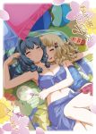  2girls arm_around_waist armpits bangs blonde_hair blue_hair blush breasts closed_eyes cuddling fan front-tie_top furutani_himawari goyacchi hair_ornament hairband hairclip large_breasts lotion midriff miniskirt multiple_girls navel oomuro_sakurako paper_fan pillow sandals_removed sarong short_hair skirt sleeping sunscreen uchiwa yuri yuru_yuri 