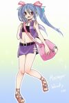  1girl bag blue_hair blush cosplay cross-laced_sandals fairy_tail gradient gradient_background hair_ribbon legs long_hair melty_(suisei_no_gargantia) melty_(suisei_no_gargantia)_(cosplay) messenger_bag midriff otokazu@seifuku_kikaku ribbon shoulder_bag simple_background skirt solo suisei_no_gargantia twintails wendy_marvell 