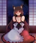  1girl animal_ears arano_oki bare_shoulders blush breasts brooch brown_hair cleavage collar dress imaizumi_kagerou jewelry large_breasts long_hair long_sleeves looking_at_viewer pet red_eyes sitting smile solo touhou very_long_hair wolf_ears 