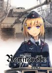  1girl blonde_hair building bust caterpillar_tracks city cover cover_page doujin_cover doujinshi epaulettes flower garrison_cap german germany hair_flower hair_ornament hat iron_cross leaning medal military military_uniform military_vehicle necktie original panzerkampfwagen_panther power_lines rubble short_hair siqi_(miharuu) smile soldier solo tank telephone_pole throat_microphone translated uniform vehicle violet_eyes world_war_ii 