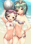  2girls aida_takanobu arm_up bandeau beach bikini black_eyes black_hair black_nails blush eyebrows eyepatch flat_chest goggles goggles_on_head green_eyes hand_on_hip holding_hands kantai_collection kiso_(kantai_collection) looking_at_viewer maru-yu_(kantai_collection) multiple_girls nail_polish navel ocean open_mouth side-tie_bikini small_breasts standing sunglasses sunglasses_on_head swimsuit wet white_bikini white_swimsuit 