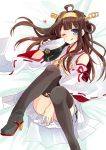  1girl ;q ahoge blue_eyes brown_hair covering covering_crotch detached_sleeves hairband hat holding holding_hat japanese_clothes kantai_collection kongou_(kantai_collection) long_hair looking_at_viewer nagasioo nontraditional_miko one_eye_closed peaked_cap ribbon-trimmed_sleeves ribbon_trim solo thigh-highs tongue tongue_out wide_sleeves 