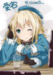  1girl aqua_eyes atago_(kantai_collection) black_gloves blonde_hair blush bottle breasts character_name glass gloves hat kantai_collection kskasutera large_breasts long_hair one_eye_closed solo translated twitter_username uniform 