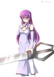  1girl absurdres akame_ga_kill! artist_name breasts cleavage cleavage_cutout dated detached_sleeves glasses highres long_dress long_hair oversized_object purple_hair scissors semi-rimless_glasses sheele side_slit solo under-rim_glasses violet_(eightonemini) violet_eyes weapon white_legwear 