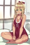  1girl bare_shoulders barefoot blonde_hair bow bracelet breasts cleavage collarbone dress green_eyes grin hair_bow halterneck houtengeki indian_style jewelry large_breasts looking_at_viewer payot pointy_ears ponytail red_dress sitting smile solo 