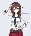  1girl bare_shoulders blush braid brown_hair gloves green_eyes hand_on_forehead hand_on_hip kantai_collection looking_at_viewer midriff navel noshiro_(kantai_collection) pleated_skirt rabochicken red_skirt sailor_collar skirt solo twin_braids twitter_username white_gloves 