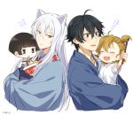  ! 2boys 2girls animal_ears apfl0515 barakamon bell black_hair brown_hair calligraphy_brush fox_ears gugure!_kokkuri-san handa_seishuu ichimatsu_kohina japanese_clothes jinbei_(clothes) kimono kokkuri-san_(gugukoku) kotoishi_naru long_hair multiple_boys multiple_girls ono_daisuke paintbrush ramen seiyuu_connection short_hair side_ponytail silver_hair smile yellow_eyes 