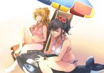  2girls barefoot beach beach_chair beach_umbrella bikini black_hair blonde_hair blue_eyes bracelet breasts brown_eyes cleavage eating flower glasses hair_flower hair_ornament inflatable_toy jewelry multiple_girls navel necklace orca original ponytail popsicle settyaro sitting swimsuit 