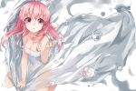  1girl ahoge breasts cleavage kou_mashiro off-shoulder_dress original pink_hair water_droplets 