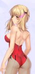  1girl ass bare_back blonde_hair blush breasts hair_ornament leotard long_hair only_haruka open_mouth phantasy_star phantasy_star_online_2 simple_background solo tattoo yellow_eyes 