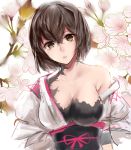  1girl breasts brown_eyes brown_hair bust flower hyuuga_(kantai_collection) kantai_collection looking_at_viewer short_hair solo takane_soprano torn_clothes 