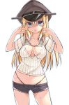  1girl alternate_costume bikini bikini_under_clothes bismarck_(kantai_collection) blonde_hair blue_eyes blush breasts cleavage hat highleg highleg_bikini highleg_swimsuit highres kantai_collection large_breasts long_hair looking_at_viewer military_hat navel oota_yuuichi open_mouth peaked_cap ribbed_shirt short_shorts shorts simple_background solo striped striped_bikini striped_swimsuit sweat swimsuit white_background 