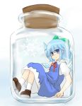  1girl blue_eyes blue_hair bow cirno dress hair_bow highres in_container jar puffy_short_sleeves puffy_sleeves s_katsuo short_hair short_sleeves sitting snowflakes touhou wings 