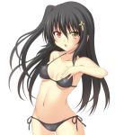  1girl arm_behind_back bare_shoulders bikini black_bikini black_hair blush cross cross_hair_ornament hair_ornament hand_on_own_chest heterochromia highres long_hair looking_at_viewer minatsuki_nao navel one_side_up open_mouth original red_eyes side-tie_bikini small_breasts solo swimsuit white_background yellow_eyes 