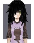  1girl :| bags_under_eyes black_hair casual clothes_writing english fitz_(fita_is_the_smartest) green_eyes hair_over_one_eye kuroki_tomoko long_hair messy_hair sad small_breasts solo t-shirt watashi_ga_motenai_no_wa_dou_kangaetemo_omaera_ga_warui! 