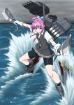  1girl bike_shorts blue_eyes cleaver dual_wielding gloves hair_bobbles hair_ornament highres kantai_collection koutarou_(plusdrive) machinery open_mouth pink_hair ponytail propeller ribbon shiranui_(kantai_collection) shorts_under_skirt skirt solo torpedo 