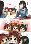  4girls ahoge animal_ears black_hair bocha_(gotipoke) book brown_eyes brown_hair cat_ears chibi cup green_eyes green_hair hair_ribbon idolmaster idolmaster_cinderella_girls igarashi_kyouko kemonomimi_mode kohinata_miho long_hair long_sleeves multiple_girls nyanko_days ribbon shibuya_rin shimamura_uzuki short_hair side_ponytail translation_request 