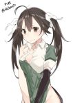  1girl ahoge brown_eyes brown_hair character_name hair_ribbon kantai_collection kskasutera long_hair ribbon solo tears tone_(kantai_collection) torn_clothes twintails twitter_username v_arms white_background 