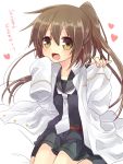  1girl brown_eyes brown_hair fumizuki_(kantai_collection) heart kantai_collection long_hair looking_at_viewer military military_uniform nagasioo naval_uniform open_mouth oversized_clothes ponytail sleeves_past_wrists solo translated uniform 