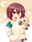  1girl brown_eyes brown_hair hug kantai_collection looking_at_viewer moon mutsuki_(kantai_collection) nagasioo one_eye_closed open_mouth short_hair sleepy solo star stuffed_animal stuffed_sheep stuffed_toy tears yawning 