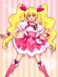  1girl blonde_hair boots bow choker collaboration corset cure_peach earrings fresh_precure! hair_ornament heart_hair_ornament highres jewelry knee_boots long_hair magical_girl momozono_love nsxnewver pink_background pink_eyes pink_skirt precure ribbon skirt smile solo striped striped_background twintails way_(manjonme) wrist_cuffs 