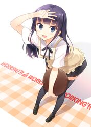  1girl :d apron black_legwear blue_eyes blush hyuuga_azuri leaning_forward loafers long_hair looking_at_viewer open_mouth purple_hair shoes skirt smile solo thigh-highs tray waitress working!! yamada_aoi zettai_ryouiki 