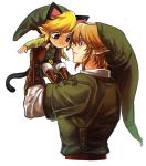  animal_ears black_eyes blonde_hair blue_eyes carrying cat_ears dual_persona earrings gloves hat jewelry kiru_(sorr5042) link pointy_ears smile tail the_legend_of_zelda toon_link twilight_princess wind_waker 