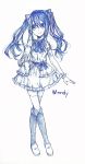  1girl ballpoint_pen_(medium) blue boots chiame_(akirapochi) derivative_work dress fairy_tail long_hair monochrome ribbon solo thigh-highs traditional_media twintails wendy_marvell 