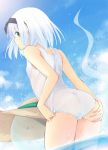  1girl :3 adjusting_clothes adjusting_swimsuit alternate_costume ass bangs bare_shoulders blue_sky clouds from_behind green_eyes hair_between_eyes hair_ribbon hairband hand_on_ass hat hat_ribbon highres hitodama konpaku_youmu konpaku_youmu_(ghost) looking_back nigo_(aozoragarou) one-piece_swimsuit outdoors profile ribbon short_hair silver_hair sky small_breasts smile solo standing sun_hat swimsuit touhou wading water wet white_swimsuit 
