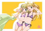  2girls ;d arm_around_neck bikini blonde_hair blue_eyes blush brown_hair flower green_eyes hair_flower hair_ornament idolmaster idolmaster_cinderella_girls idolmaster_million_live! jougasaki_rika long_hair looking_at_viewer mercy_rabbit multicolored_stripes multiple_girls navel one_eye_closed open_mouth short_hair side-tie_bikini smile string_bikini striped striped_bikini striped_swimsuit suou_momoko swimsuit twintails two_side_up v v_over_eye 