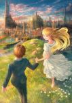  1boy 1girl :d airship blonde_hair blue_eyes blue_jacket blue_pants braid brown_hair building castle cityscape cliff clouds dome dress fantasy flower formal frilled_dress frills from_behind grass highres holding_hands jacket long_hair long_sleeves looking_at_another looking_back nape open_mouth original puffy_short_sleeves puffy_sleeves rock scenery short_hair short_sleeves sky smile spire standing suit tower white_dress you_(shimizu) 