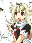  1girl admiral_(kantai_collection) blonde_hair commentary expressive_hair fang gomasamune hair_ornament hair_ribbon hairclip heart kantai_collection long_hair military military_uniform naval_uniform open_mouth red_eyes ribbon solo_focus translated uniform yuudachi_(kantai_collection) 