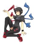  1girl asymmetrical_wings black_hair dress houjuu_nue mary_janes ninonini pointy_ears red_eyes shoes short_hair smile solo thigh-highs touhou wings zettai_ryouiki 