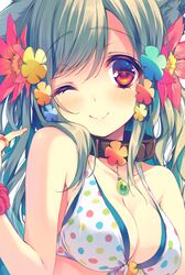  1girl ;) bikini blush breasts bust cleavage collar flower gem green_hair hair_flower hair_ornament multicolored_polka_dots one_eye_closed original polka_dot polka_dot_bikini polka_dot_swimsuit red_eyes reia scrunchie smile solo swimsuit wrist_scrunchie yumeko_(reia) 