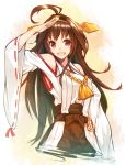  1girl ahoge breasts brown_eyes brown_hair bust double_bun hand_on_hip headgear highres kantai_collection kongou_(kantai_collection) long_hair looking_at_viewer nontraditional_miko open_mouth orange_background pleated_skirt ribbon-trimmed_sleeves ribbon_trim salute sketch skirt smile solo uyu_(keyakinoki) 