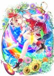  1girl bird blonde_hair bow flandre_scarlet flower hat hat_bow pigeon rainbow red_eyes riichu rose sash side_ponytail solo sunflower touhou wings 