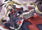  1girl blazblue blonde_hair capelet cherry_blossoms flat_chest gothic_lolita hair_ribbon high_collar highres lolita_fashion long_hair long_skirt nail_polish rachel_alucard red_eyes ribbon skirt skirt_set smile solo twintails wide_sleeves yoshi_hiro 