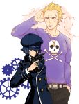  1boy 1girl blonde_hair blue_hair blush bullet coat double-breasted gears goron_tkbprpr gun hand_on_head handgun hat heart jewelry lipstick makeup necklace persona persona_4 pistol red_eyes scar shirogane_naoto short_hair skull_and_crossbones smile tatsumi_kanji weapon 