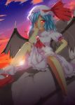  1girl ascot bat_wings blue_hair grin hair_over_one_eye hand_on_hip hat head_rest highres looking_at_viewer mary_janes red_eyes remilia_scarlet shoes short_hair sitting smile solo tagme touhou twilight wings yuimari 