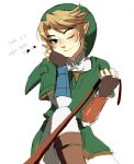  1boy blonde_hair blue_eyes blush link muse_(rainforest) one_eye_closed pointy_ears rope smile the_legend_of_zelda 